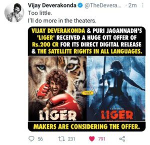 OTT offers Rs 200 crore to Liger VD tweeted 'it is very low'