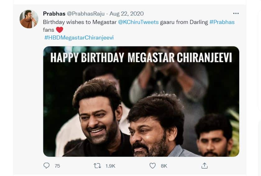 prabhas wishes to mega star on twitter